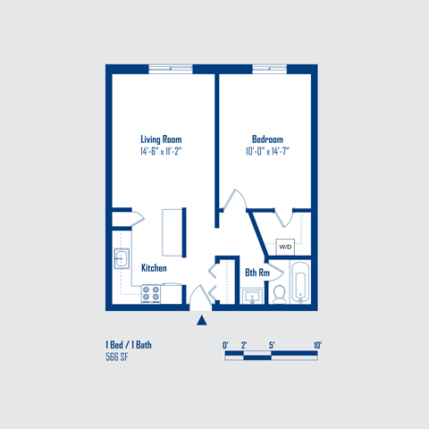 Floor plan for 1 bed, 1 bath, 566 sqft